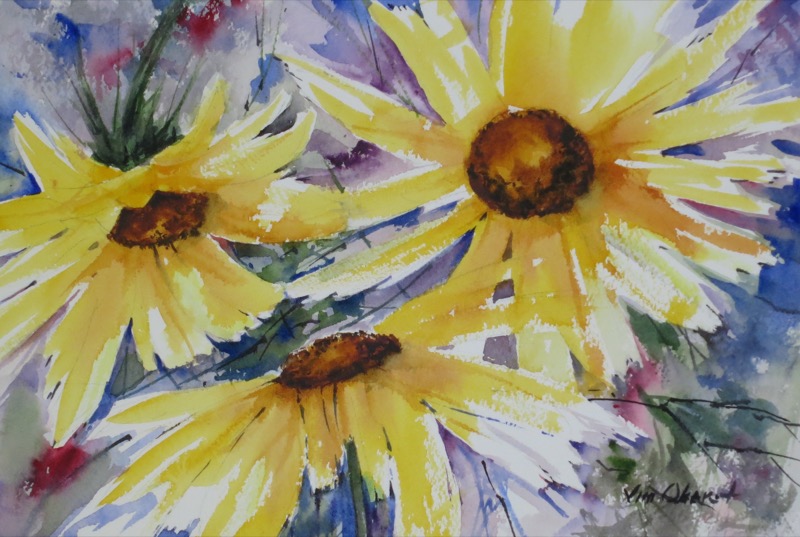 still life, floral, sunflower, flower, yellow, original watercolor painting, oberst